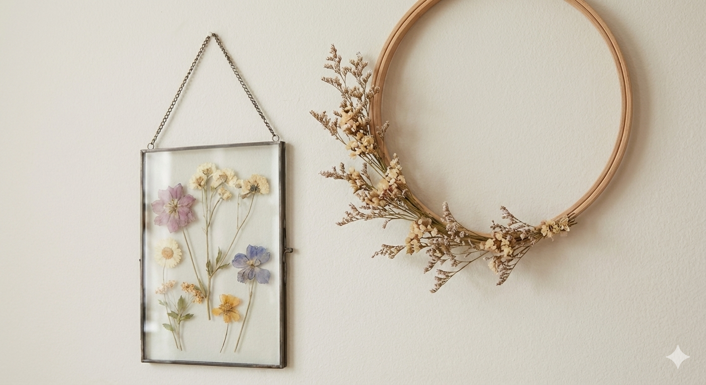 Kurutulmuş Çiçeklerle Beyaz dubarda Tablo